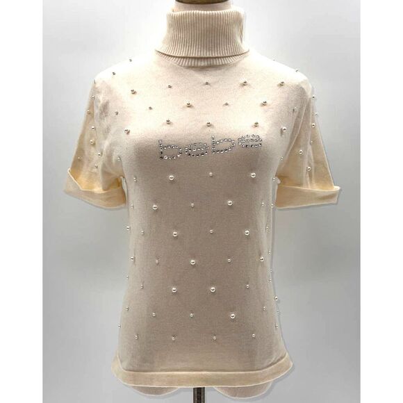 Bebe Cream Short Sleeve Turtleneck Pearl Sequin Logo Sweater- L - Picture 1 of 12